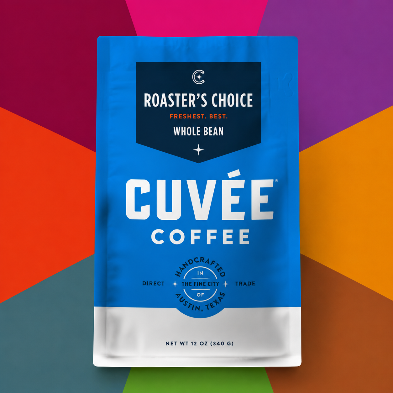 Roaster's Choice 12oz Coffee Bag with multicolor background