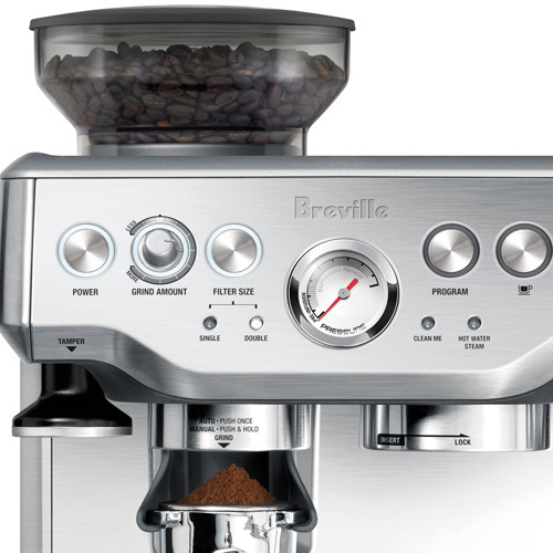 Breville coffee grinder with control panel on a white background