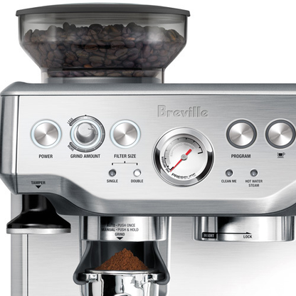 Breville coffee grinder with control panel on a white background