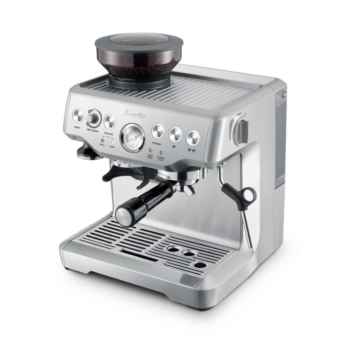 The Breville - The Barista Express™ espresso machine, with built-in grinder, digital display, pressure gauge, and steam wand, is displayed in stainless steel against a white background.