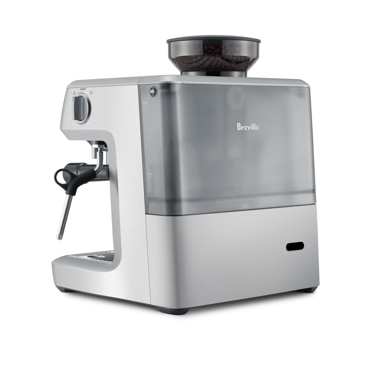 The Breville - The Barista Express™ is a silver espresso machine with a transparent water reservoir and bean hopper on top, built-in grinder, steam wand, and sleek modern design.