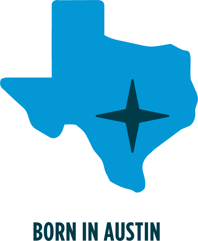 Texas shape with star on Austin with "Born In Austin"