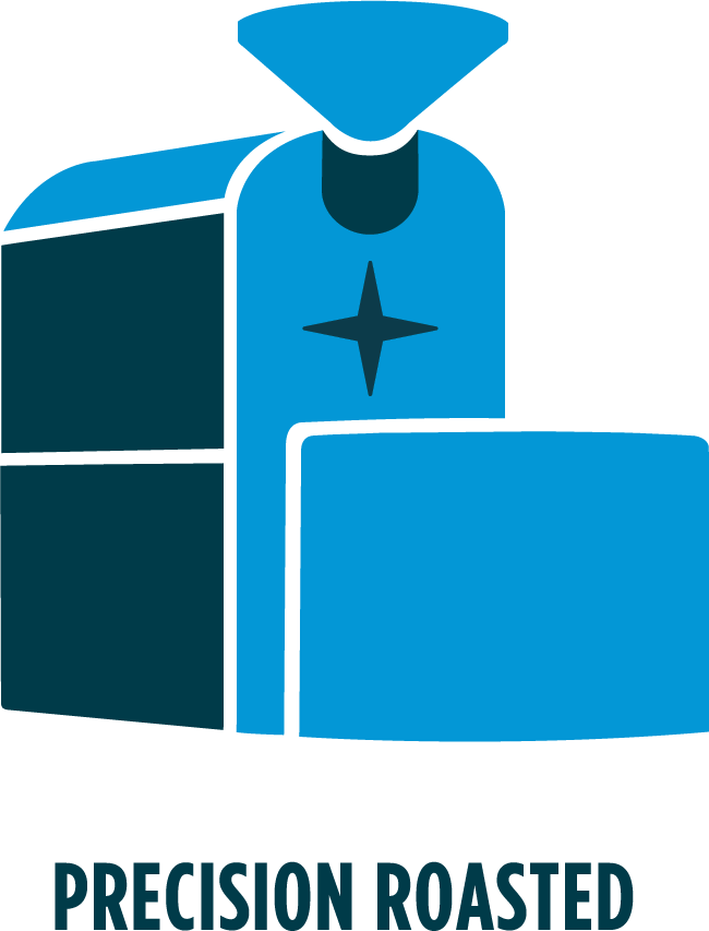 Coffee roaster icon with "Precision Roasted"