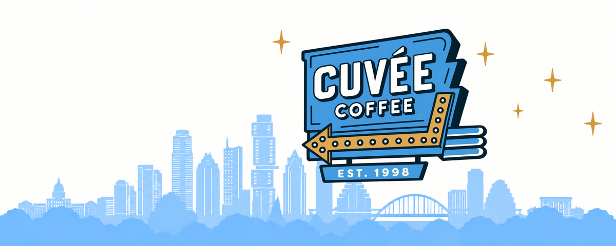 Cuvée Coffee retro roadside sign above an illustrated Austin skyline.